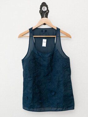 Gap NWT Silk Blend Blue Floral Tank Top Womens Small Sheer Lightweight Blouse